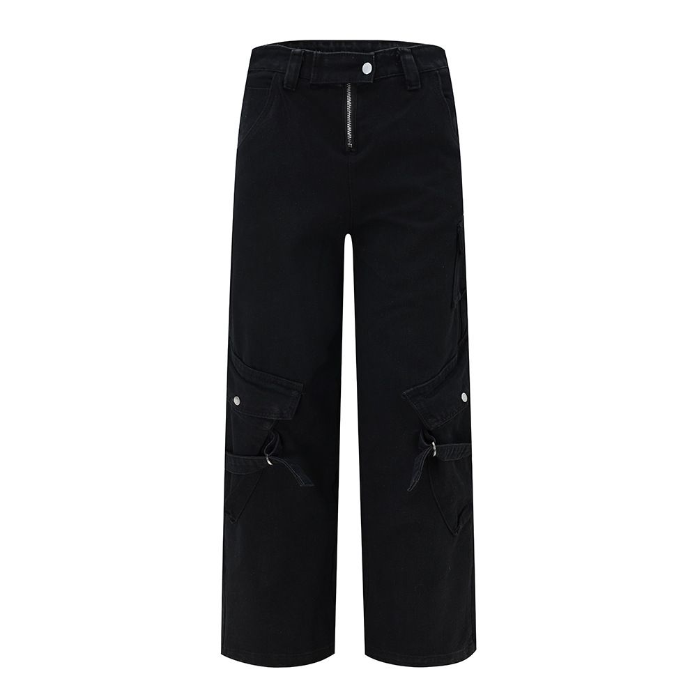 Trendy Brand Workwear Jeans Men Hip Hop High Street Design Sense Tie-up Multi Pocket Loose Wide Leg Straight Long Pants_mkmklike.com