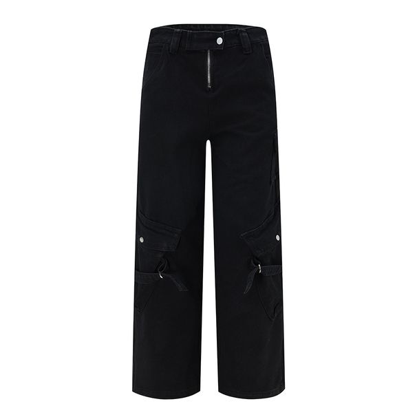Trendy Brand Workwear Jeans Men Hip Hop High Street Design Sense Tie-up Multi Pocket Loose Wide Leg Straight Long Pants_mkmklike.com