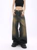 Men's Vintage Washed Jeans - High Street Style With Yellow Mud Dye, Oversized Dad Fit Straight Leg Pants For Streetwear_mkmklike.com