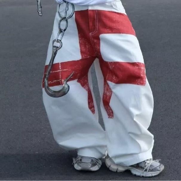 American Retro Chain Print White Scimitar Jeans Men's Trendy Street Hip-hop Loose Wide-leg Straight Trousers_mkmklike.com