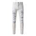 Men's Clothing High Street Fashion White Slim Elastic Hole Patch Jeans_mkmklike.com