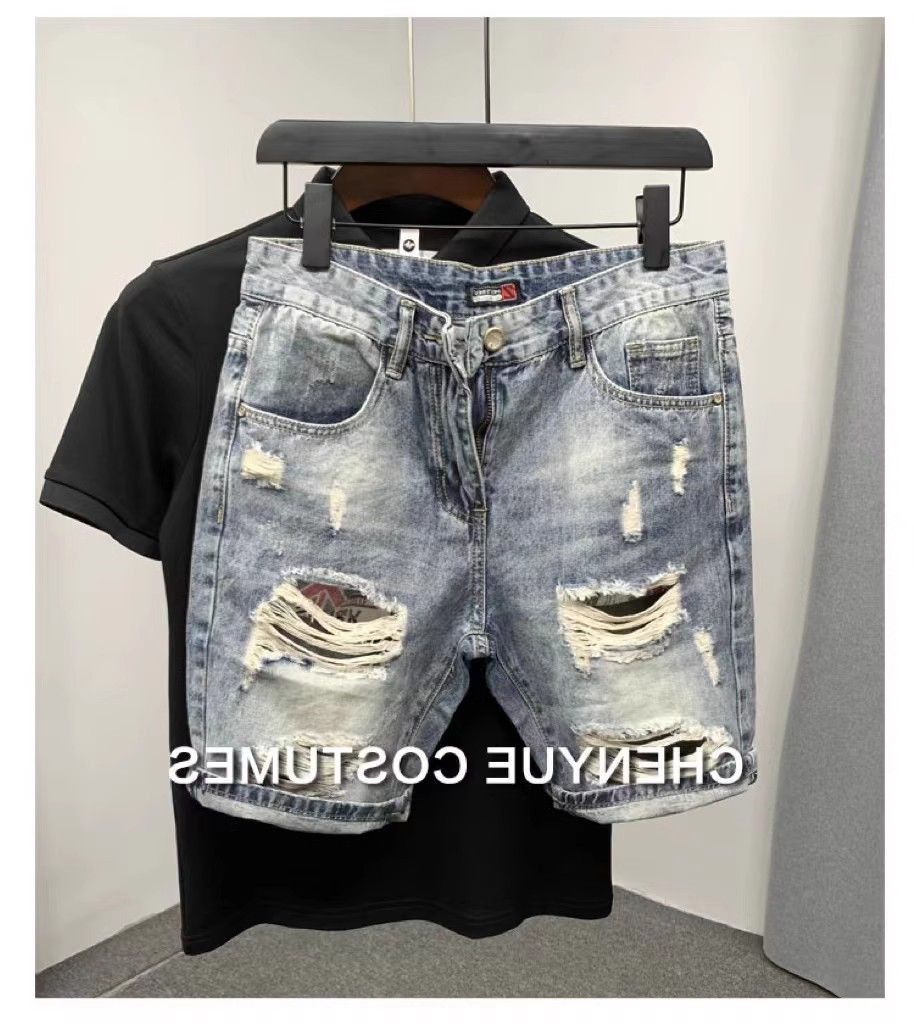 Men's Trendy Denim Shorts Loose Fit Five Point Summer Thin Casual Ripped Korean Style Cargo Pants Brand_mkmklike.com
