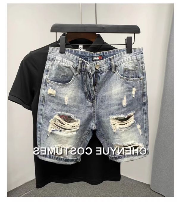 Men's Trendy Denim Shorts Loose Fit Five Point Summer Thin Casual Ripped Korean Style Cargo Pants Brand_mkmklike.com
