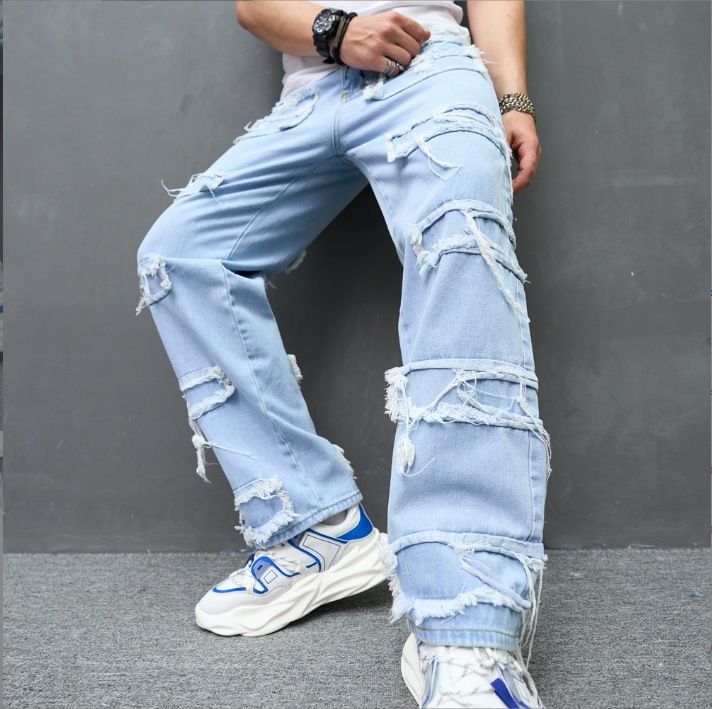 Men's Retro Casual Jeans Loose Fit High Street Wide Leg Pants Mid Waist Cotton Non-Stretch Machine Washable Blue Black_mkmklike.com