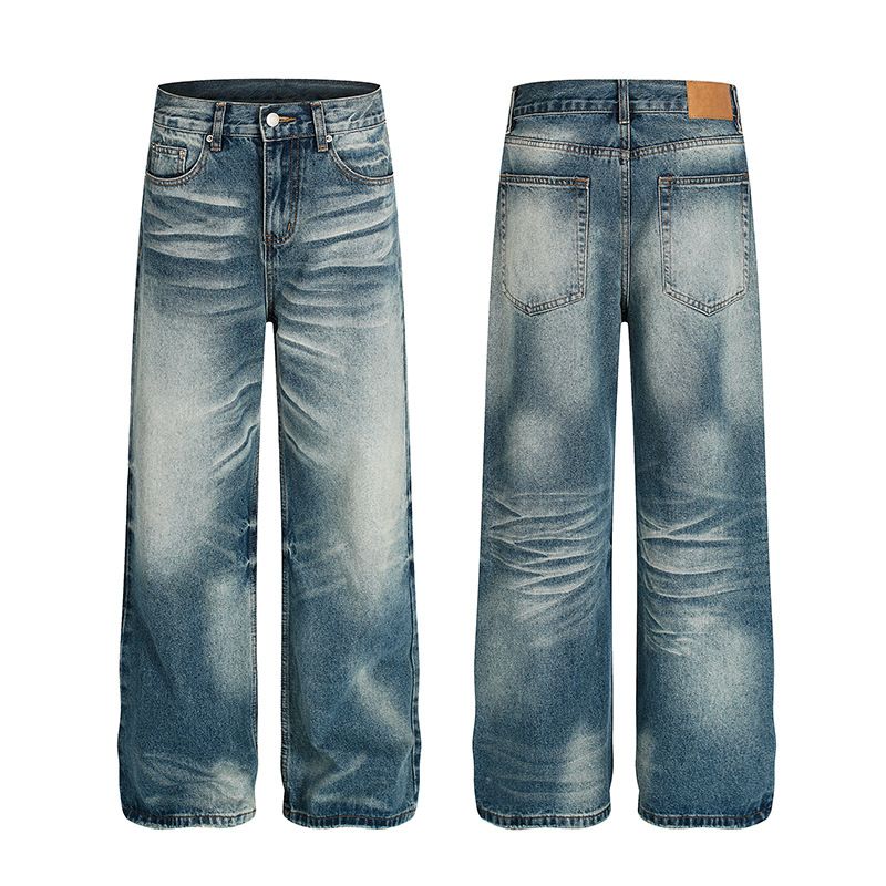 Vintage Washed Denim Jeans – Relaxed Straight-Leg Streetwear Pants With Cat Whisker Distressing (Unisex, Classic Blue, Non-Stretch, S-XXL)_mkmklike.com