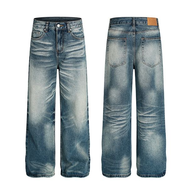 Vintage Washed Denim Jeans – Relaxed Straight-Leg Streetwear Pants With Cat Whisker Distressing (Unisex, Classic Blue, Non-Stretch, S-XXL)_mkmklike.com