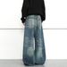 Unisex Vintage Blue Whiskered Scimitar Wide Leg Jeans Midweight Cotton Slightly Flared Loose Fitting Floor Length Sickle Shaped Straight Leg Denim_mkmklike.com