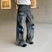Men's American Vintage Washed Gray Distressed Straight Leg Jeans - Casual Loose Fit Denim Pants For Teen Boys_mkmklike.com
