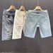 Light Blue Ripped Denim Shorts for Men Trendy Slim Fit Mid-Length Summer Trend Youth Pants_mkmklike.com
