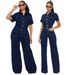 Loose Elastic Flared Washed Short Sleeved Denim Jumpsuit Jumpsuit Wide Leg Pants_mkmklike.com