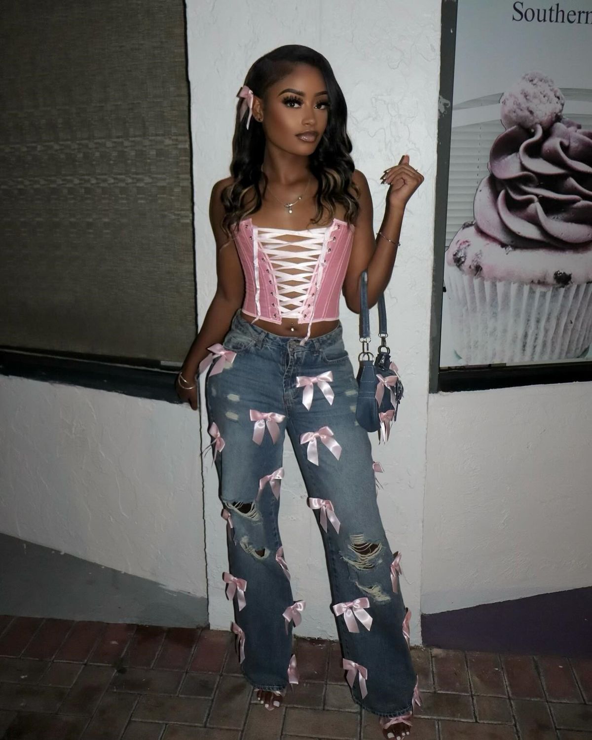 Women's Clothing Y2k Street Hot Girl Bow Washed Hole Jeans Trousers Jeans_mkmklike.com