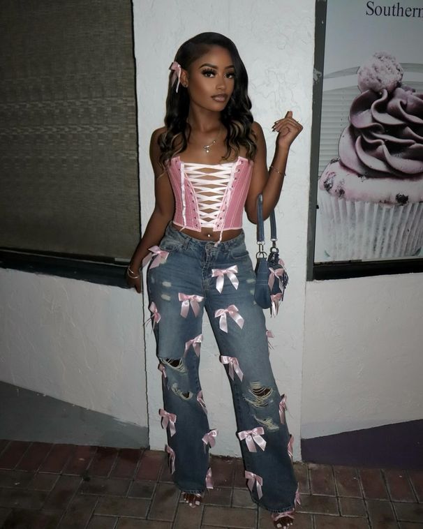 Women's Clothing Y2k Street Hot Girl Bow Washed Hole Jeans Trousers Jeans_mkmklike.com