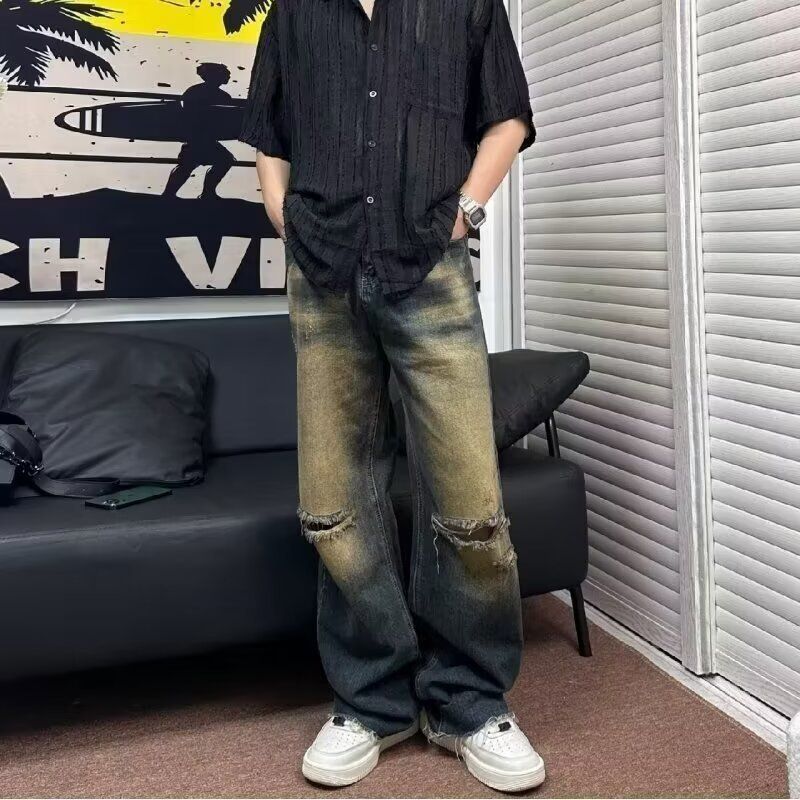 Men's Distressed Washed Jeans – Lightweight Summer Ripped Denim With American High Street Style, Loose Straight Leg Fit (Blue, S-3XL)_mkmklike.com