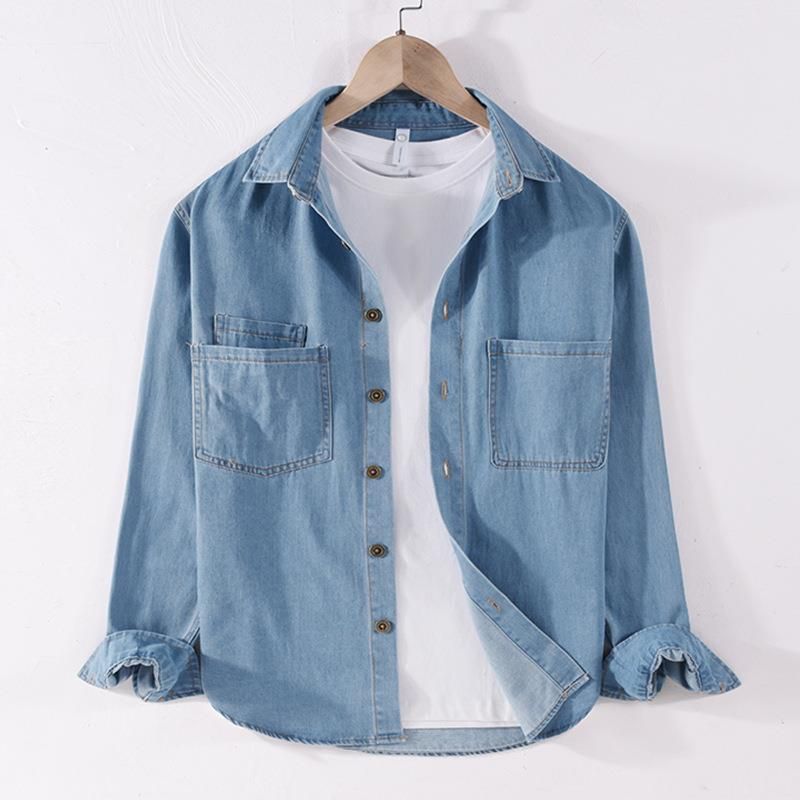 Spring And Autumn Casual Men's Denim Long Sleeved Shirt, Solid Color, Handsome, Simple, Versatile And Fashionable_mkmklike.com