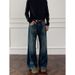 Vintage Blue Lightning Pattern Jeans For Men, New Autumn Style, Distressed Micro-flared Straight Pants, American Style_mkmklike.com