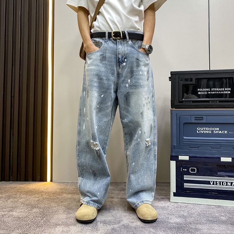 Summer Ripped Distressed Wide Leg Jeans For Men Trendy Cool Straight Leg Versatile Curved Blade Pants_mkmklike.com