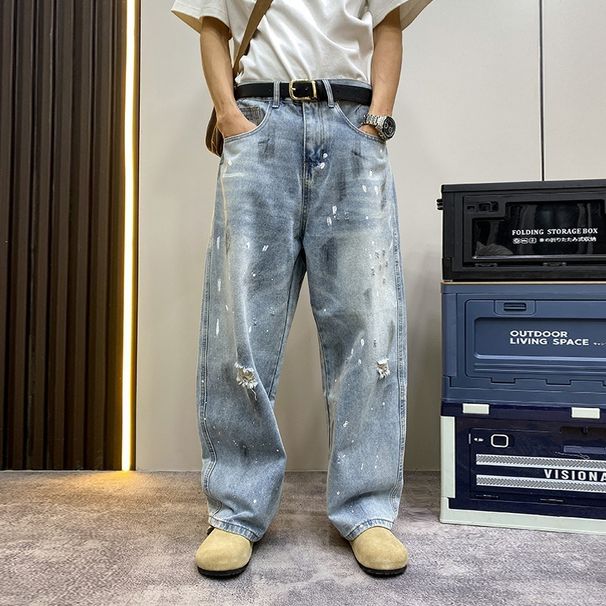 Summer Ripped Distressed Wide Leg Jeans For Men Trendy Cool Straight Leg Versatile Curved Blade Pants_mkmklike.com