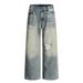 Post-apocalyptic Style Washed Gradient Ripped Jeans Men's Street Fashion Vintage Dirty Wide-leg Straight Long Pants_mkmklike.com