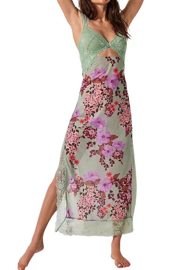 Women's Clothing Lace halter strap splicing slit long dress for women_mkmklike.com