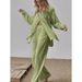 Women's Clothing long sleeved temperament commuter skin color linen solid color slit long shirt and wide leg pants set_mkmklike.com