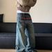Retro Washed Distressed Men's Jeans - Loose Fit Straight Leg With Letter Print, Slightly Flared For Trendy Style_mkmklike.com