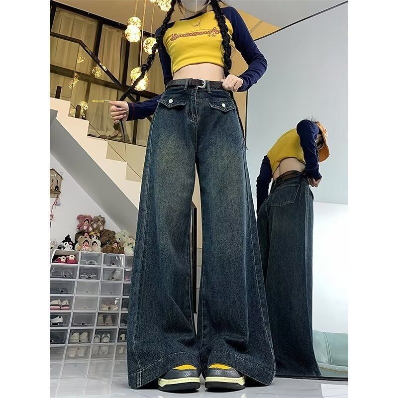 Plus-size American Retro Jeans Women, Autumn High-waisted Straight Pear-shaped Body, Slimming Wide-leg Long Pants For_mkmklike.com