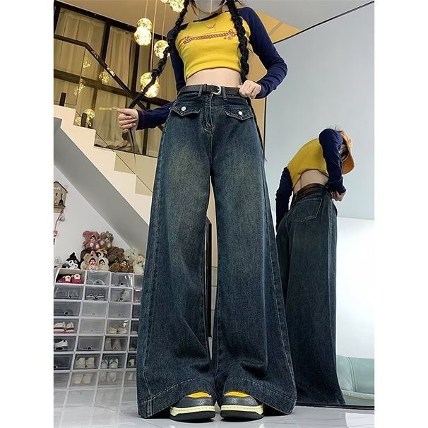 Plus-size American Retro Jeans Women, Autumn High-waisted Straight Pear-shaped Body, Slimming Wide-leg Long Pants For_mkmklike.com