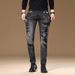 Streetwear Spray-Print Slim Fit Jeans For Men – Distressed Ink Wash Denim Pants With American Casual Style (Black-Grey, Sizes 28-36)_mkmklike.com