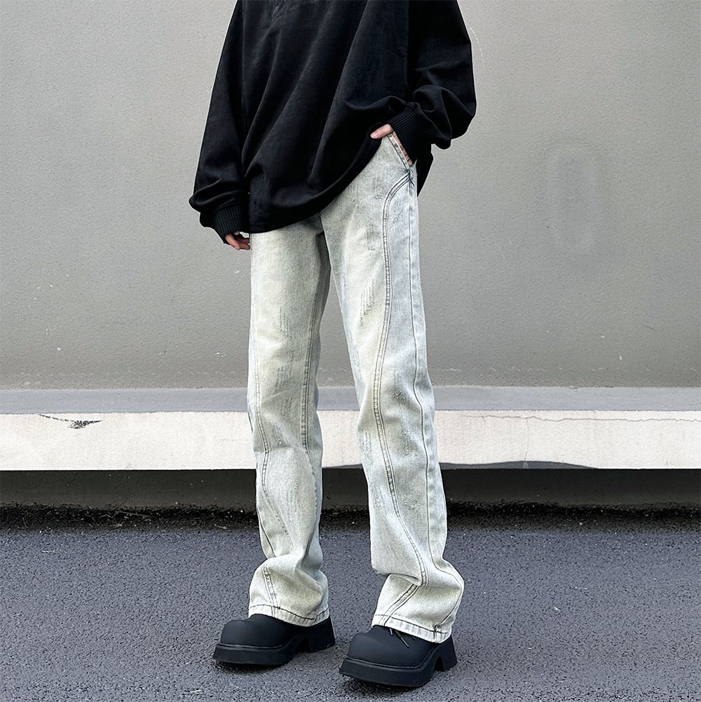Huihuang Diqi Men's Retro Washed Light Jeans High Street Cleanfit Loose Straight Leg Trendy Brand Denim_mkmklike.com