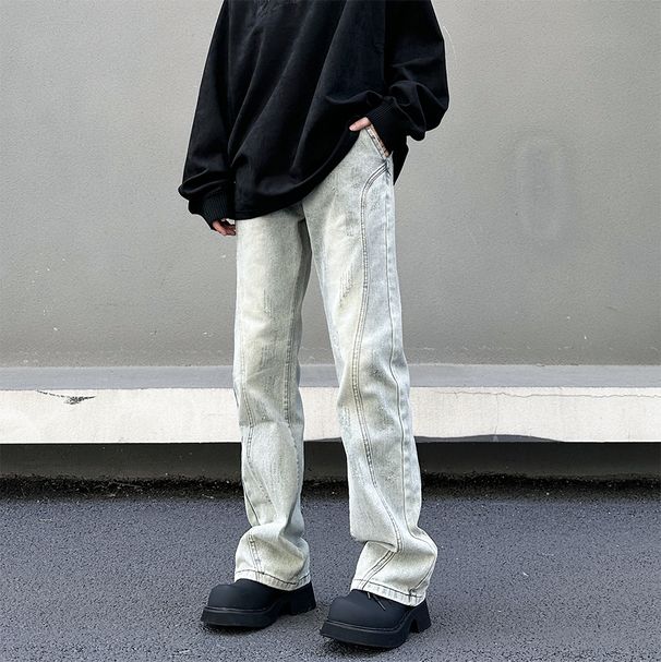 Huihuang Diqi Men's Retro Washed Light Jeans High Street Cleanfit Loose Straight Leg Trendy Brand Denim_mkmklike.com