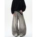 Retro Washed Scimitar Jeans Trendy Street Loose Wide Leg Pants For Men And Women Ink Splashed Old Gray_mkmklike.com