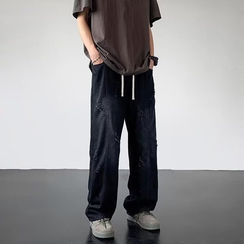 Streetwear Destroyed Denim Jeans – Vintage Washed High Waist Baggy Pants With Distressed Details (Unisex Relaxed Fit, Light Stretch)_mkmklike.com