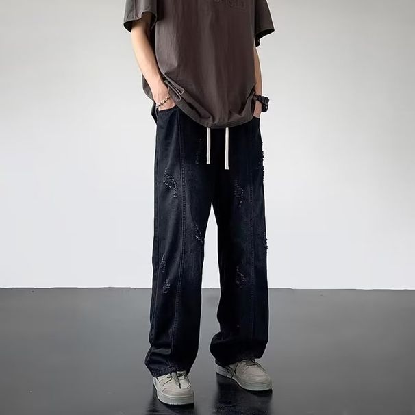 Streetwear Destroyed Denim Jeans – Vintage Washed High Waist Baggy Pants With Distressed Details (Unisex Relaxed Fit, Light Stretch)_mkmklike.com