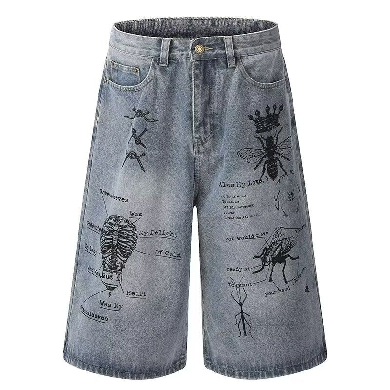 Men's Blue Denim Shorts Summer Insect Graffiti Print Design Washed Loose Trendy Seven Point Pants_mkmklike.com
