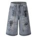 Men's Blue Denim Shorts Summer Insect Graffiti Print Design Washed Loose Trendy Seven Point Pants_mkmklike.com