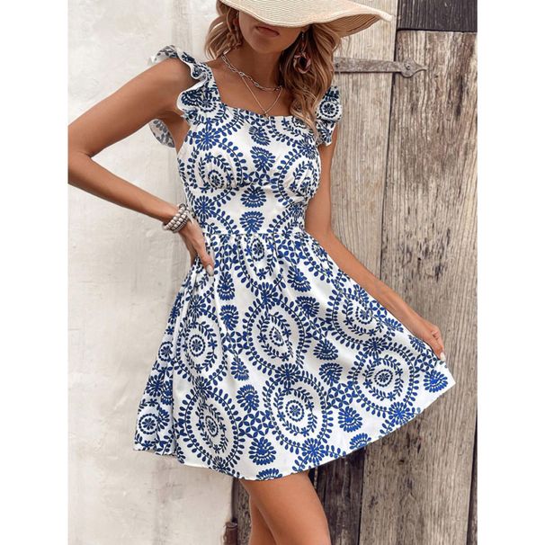Women's Clothing casual VCAY women's ruffled shoulder strap full print lace up dress_mkmklike.com