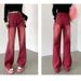 American Retro Red Jeans For Women, Straight Loose Fit, Trendy Design, High-waisted, Slimming, Wide-leg Pants_mkmklike.com