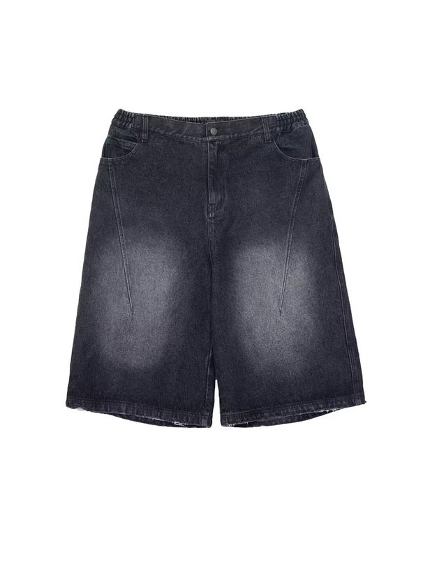 Unisex Retro Washed Distressed Black Cropped Jeans Summer Casual Wide Leg Over The Knee Pants Unisex_mkmklike.com