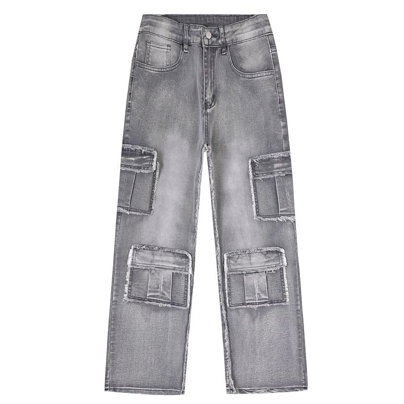 Men's Cargo Jogger Jeans With Multiple Pockets, Streetwear Hip Hop Style, Comfort Stretch Denim, Straight Leg, High Waist, Washed Gray_mkmklike.com