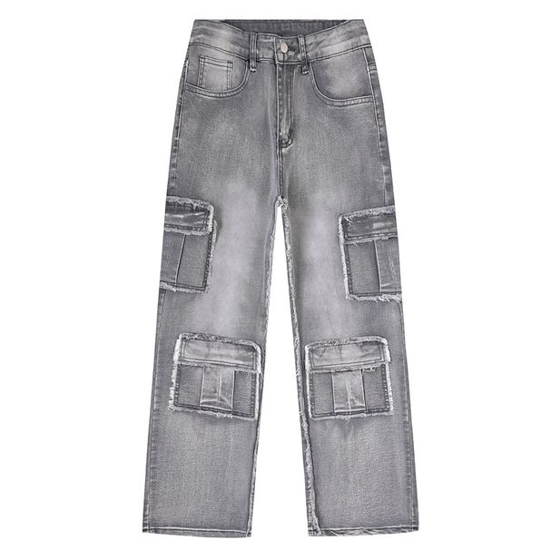 Men's Cargo Jogger Jeans With Multiple Pockets, Streetwear Hip Hop Style, Comfort Stretch Denim, Straight Leg, High Waist, Washed Gray_mkmklike.com
