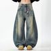 Unisex Retro Washed Curved Jeans Trendy American Loose Silhouette Slimming Wide Leg Pants_mkmklike.com