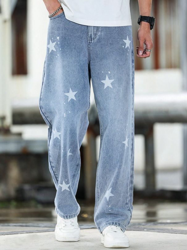 Men's Five-Pointed Star Denim Straight Leg Pants American Fashion Wide Leg Street Style Spring New_mkmklike.com