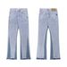American Style Minimalist Distressed Color Blocked Denim Loose Street Washed Polished White Micro Flared Pants, Jeans_mkmklike.com
