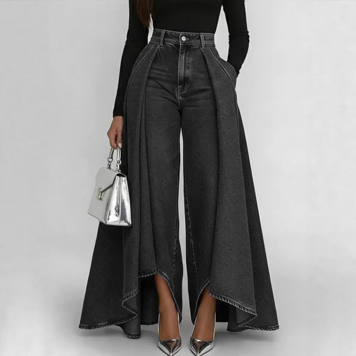 High Waisted Loose Wide Leg Jeans For Women Washed Solid Color Whiskers Three Dimensional Pleats Style_mkmklike.com