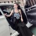 ELLE Summer Loose Fashion New Denim European And American Style Patchwork Camisole Chiffon Vest Long Strap Dress_mkmklike.com