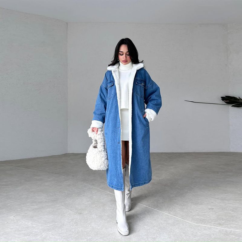 Oversized Denim Trench Coat With Patchwork Design – Long Sleeve, Relaxed Fit, Mid-Length Casual Jacket For Women (Blue, S-3xl)_mkmklike.com