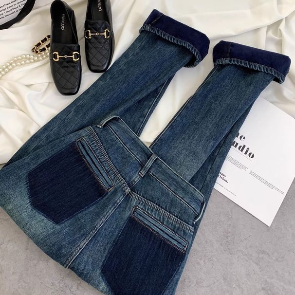 Women's Clothing Plus Size Winter Fleece Lined Jeans For Women – High Waist Wide Leg Stretch Denim Pants With Thick Warm Lining (Dark Blue)_mkmklike.com