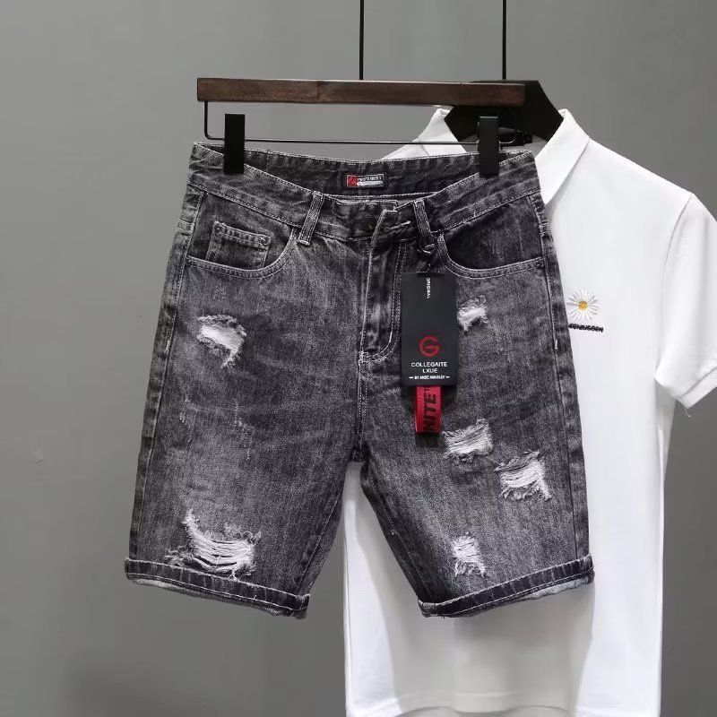 Men's Distressed Denim Shorts With Embroidery - Summer Casual Streetwear Stretch Mid-Length Shorts For Men_mkmklike.com