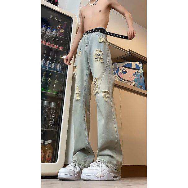 Men's Summer Thin Straight Leg Bootcut Jeans Ripped American High Street Vibe Style European And American Style Cool And Stylish_mkmklike.com