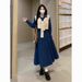 ELLE Super Stylish Denim Blue For Women, Autumn New Slimming And Concealing College Style Vest Dress Two-Piece Set_mkmklike.com